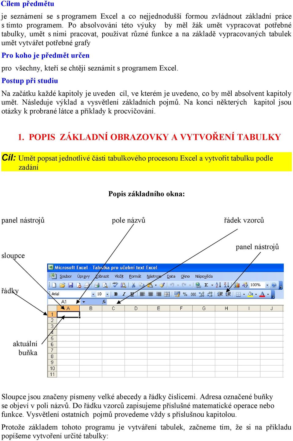 určen pro všechny, kteří se chtějí seznámit s programem Excel. Postup při studiu Na začátku každé kapitoly je uveden cíl, ve kterém je uvedeno, co by měl absolvent kapitoly umět.