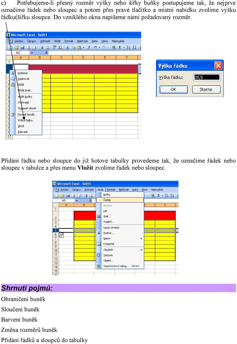 Přidání řádku nebo sloupce do již hotové tabulky provedeme tak, že označíme řádek nebo sloupec v tabulce a přes menu Vložit