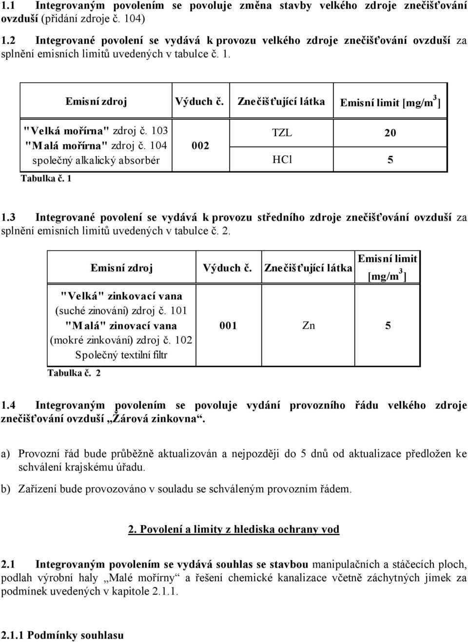 Znečišťující látka Emisní limit [mg/m 3 ] "Velká mořírna" zdroj č. 103 "Malá mořírna" zdroj č. 104 společný alkalický absorbér Tabulka č. 1 002 TZL 20 HCl 5 1.