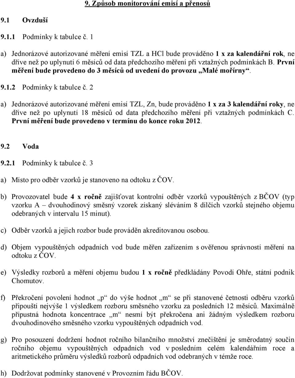 První měření bude provedeno do 3 měsíců od uvedení do provozu Malé mořírny. 9.1.2 Podmínky k tabulce č.