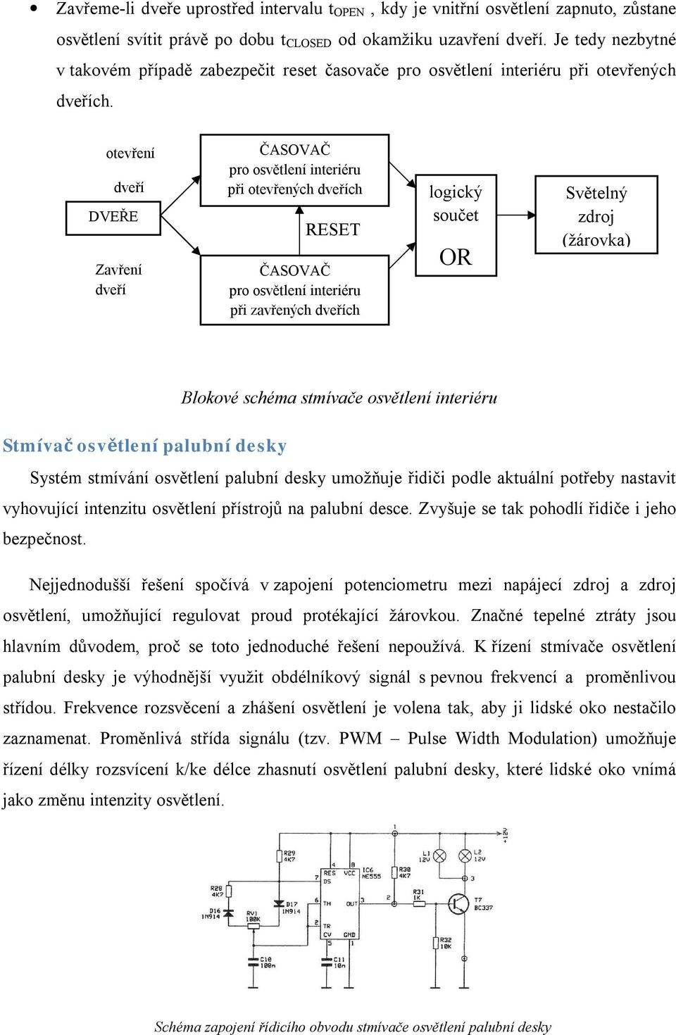 otevření dveří DVEŘE Zavření dveří ČASOVAČ pro osvětlení interiéru při otevřených dveřích RESET ČASOVAČ pro osvětlení interiéru při zavřených dveřích logický součet OR Světelný zdroj (žárovka)