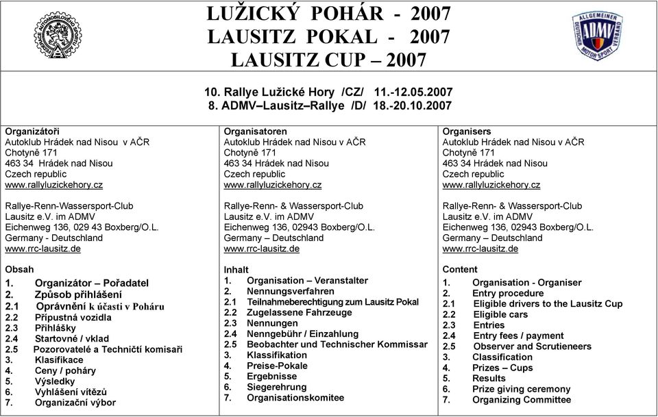 1 Oprávnění k účasti v Poháru 2.2 Přípustná vozidla 2.3 Přihlášky 2.4 Startovné / vklad 2.5 Pozorovatelé a Techničtí komisaři 3. Klasifikace 4. Ceny / poháry 5. Výsledky 6. Vyhlášení vítězů 7.