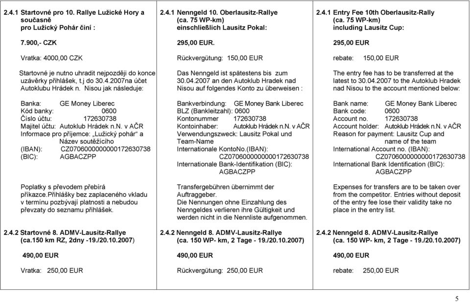 přihlášky bez zaplaceného vkladu v termínu pozbývají platnosti a nebudou převzaty do seznamu přihlášek. 2.4.2 Startovné 8. ADMV-Lausitz-Rallye (ca.150 km RZ, 2dny -19./20.10.