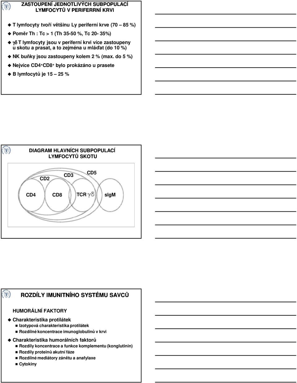 do 5 %) Nejvíce CD4 + CD8 + bylo prokázáno u prasete B lymfocytů je 15 25 % DIAGRAM HLAVNÍCH SUBPOPULACÍ LYMFOCYTŮ SKOTU CD2 CD3 CD5 CD4 CD8 TCR slgm ROZDÍLY IMUNITNÍHO SYSTÉMU SAVCŮ HUMORÁLNÍ