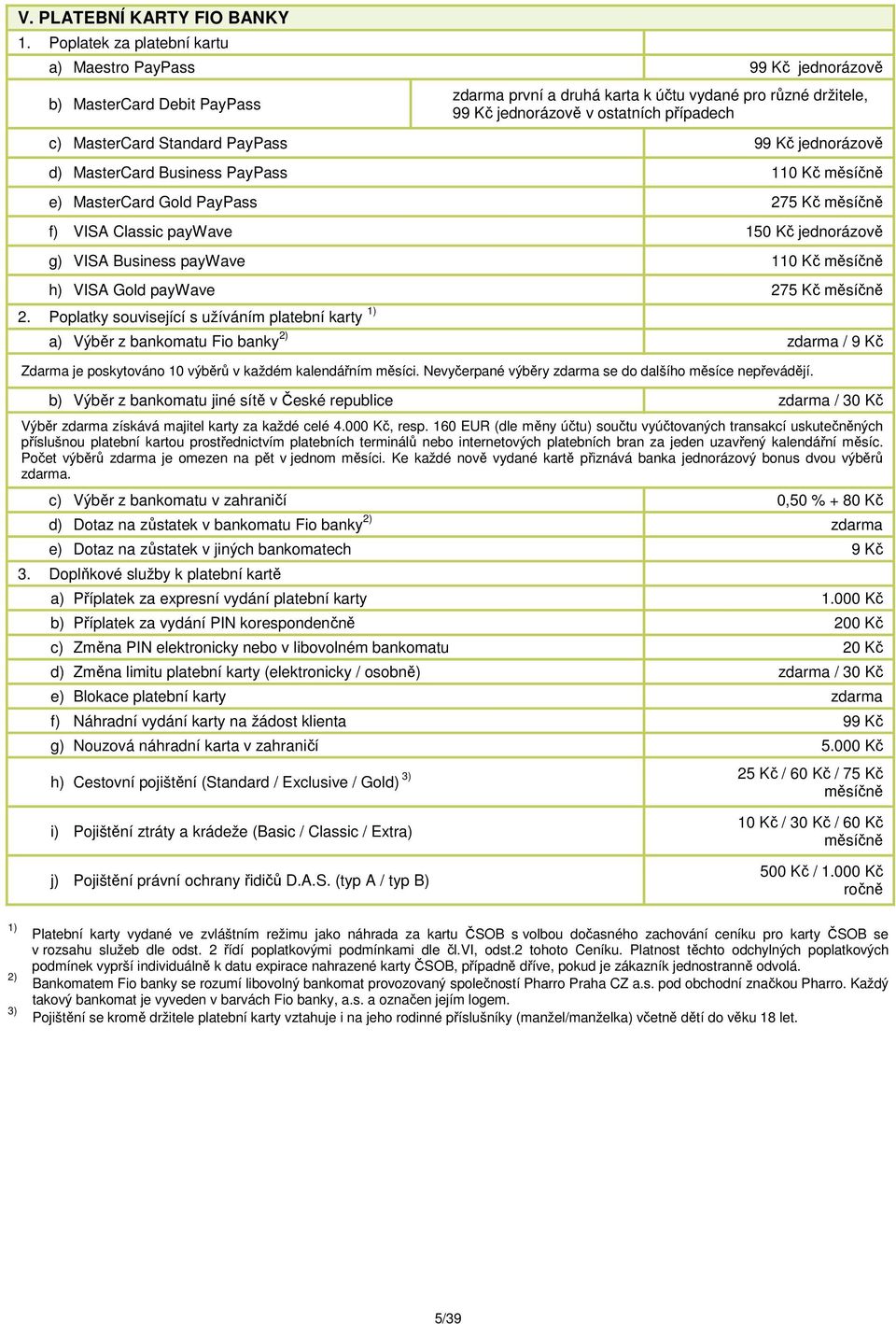 MasterCard Standard PayPass 99 Kč jednorázově d) MasterCard Business PayPass 110 Kč měsíčně e) MasterCard Gold PayPass 275 Kč měsíčně f) VISA Classic paywave 150 Kč jednorázově g) VISA Business