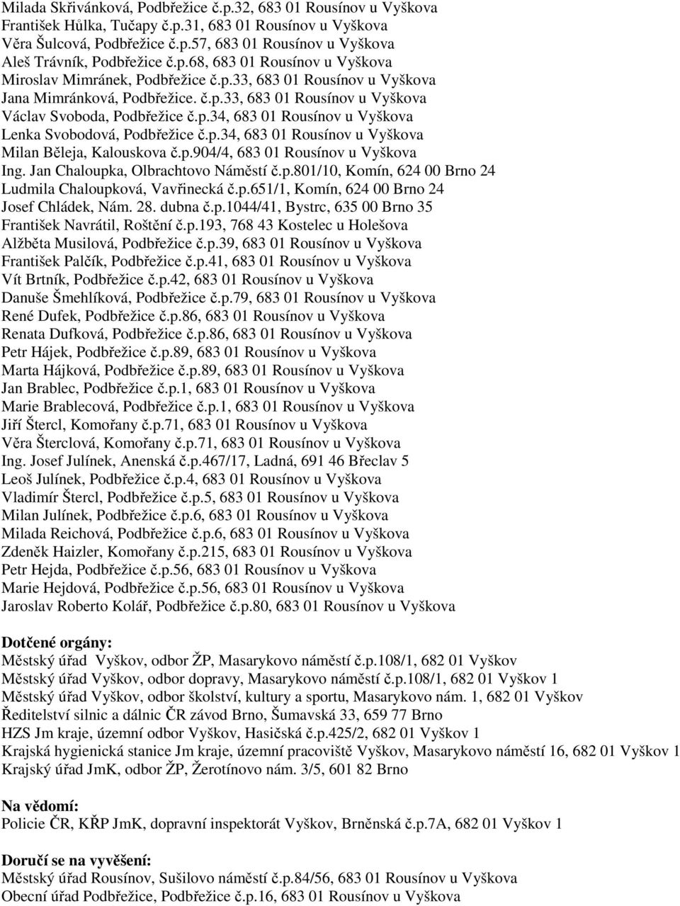 p.34, 683 01 Rousínov u Vyškova Milan Běleja, Kalouskova č.p.904/4, 683 01 Rousínov u Vyškova Ing. Jan Chaloupka, Olbrachtovo Náměstí č.p.801/10, Komín, 624 00 Brno 24 Ludmila Chaloupková, Vavřinecká č.