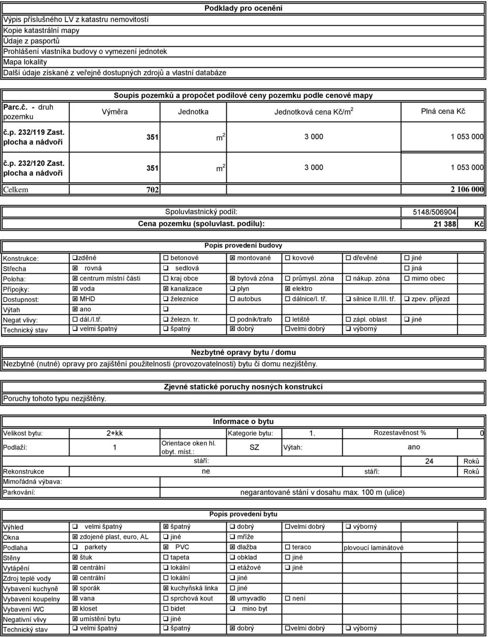 plocha a nádvoří 351 m 2 3 000 1 053 000 č.p. 232/120 Zast. plocha a nádvoří 351 m 2 3 000 1 053 000 Celkem 702 Spoluvlastnický podíl: Cena pozemku (spoluvlast.