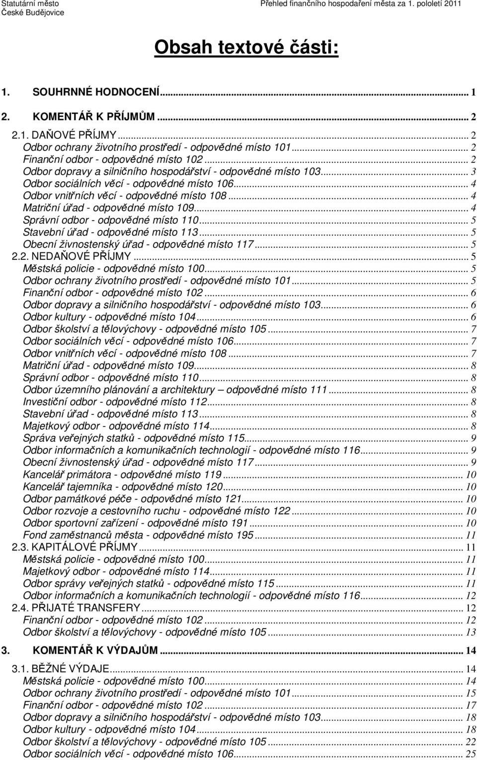 .. 4 Matriční úřad - odpovědné místo 109... 4 Správní odbor - odpovědné místo 110... 5 Stavební úřad - odpovědné místo 113... 5 Obecní živnostenský úřad - odpovědné místo 117... 5 2.2. NEDAŇOVÉ PŘÍJMY.