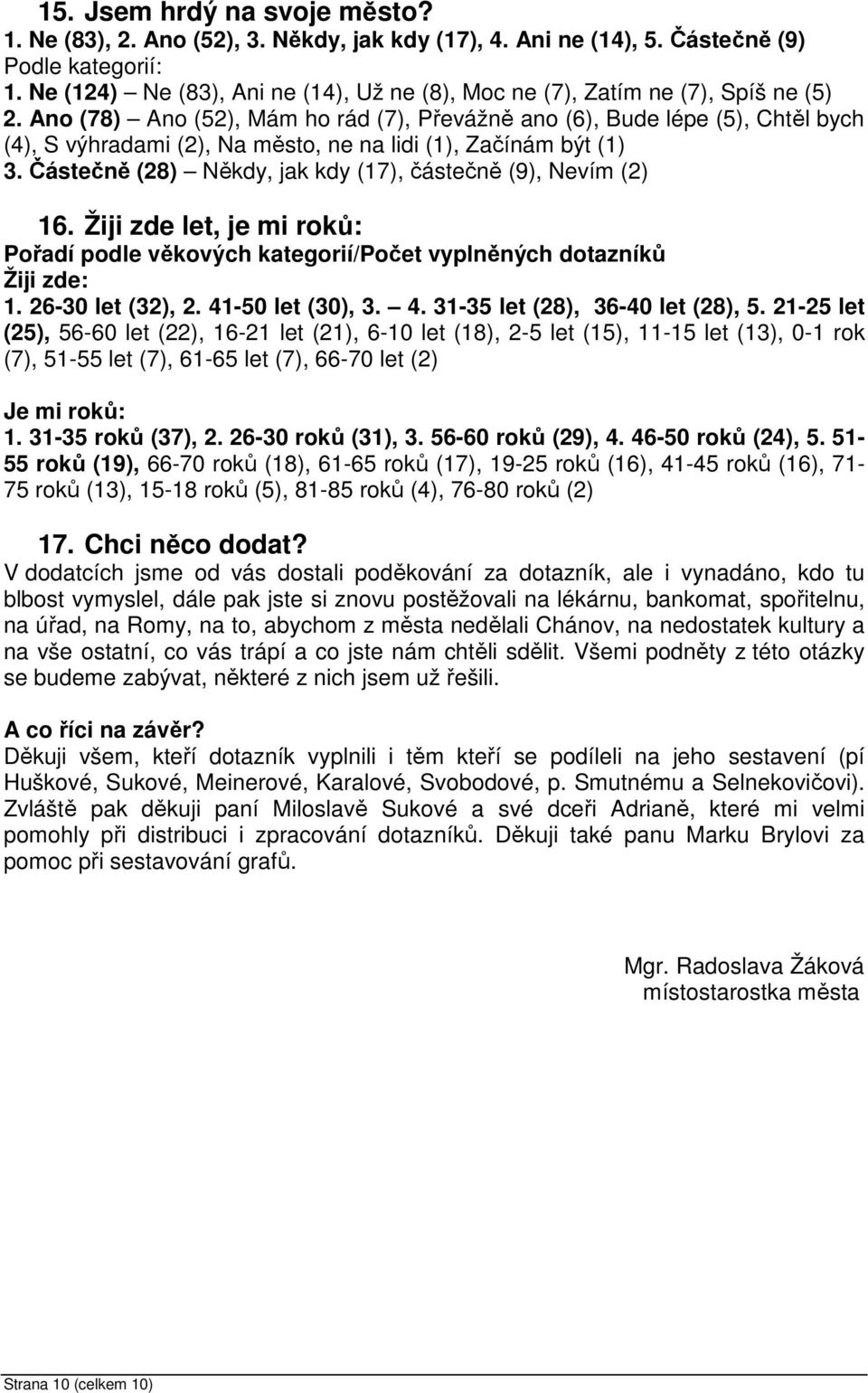 Částečně (28) Někdy, jak kdy (17), částečně (9), Nevím (2) 16. Žiji zde let, je mi roků: Pořadí podle věkových kategorií/počet vyplněných dotazníků Žiji zde: 1. 26-30 let (32), 2. 41-50 let (30), 3.