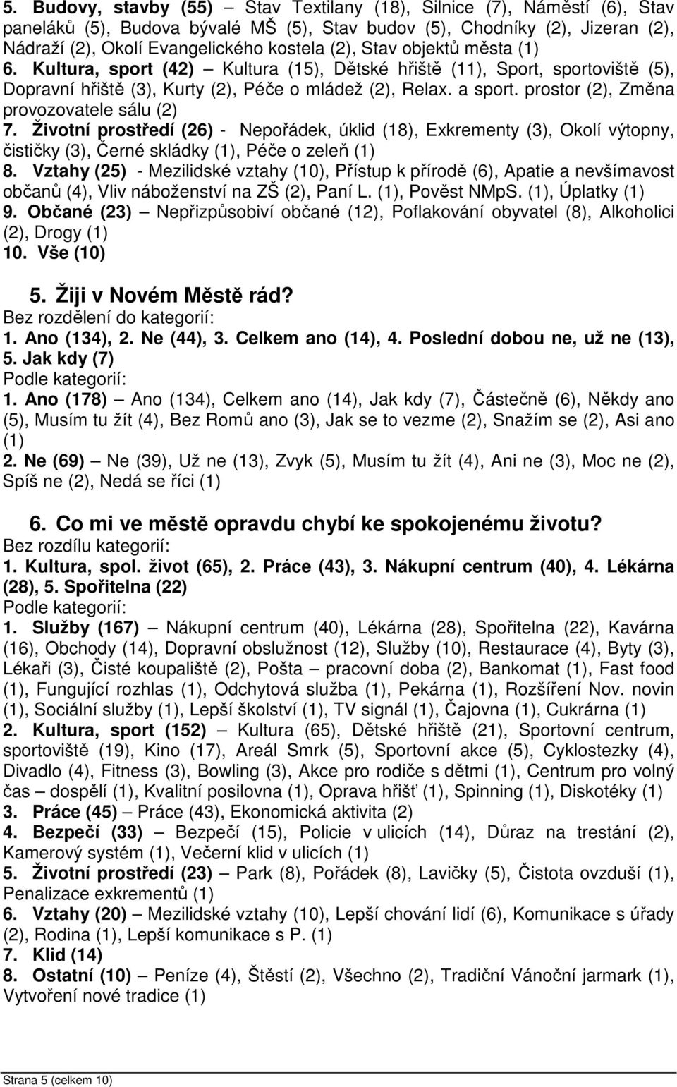 prostor (2), Změna provozovatele sálu (2) 7. Životní prostředí (26) - Nepořádek, úklid (18), Exkrementy (3), Okolí výtopny, čističky (3), Černé skládky (1), Péče o zeleň (1) 8.