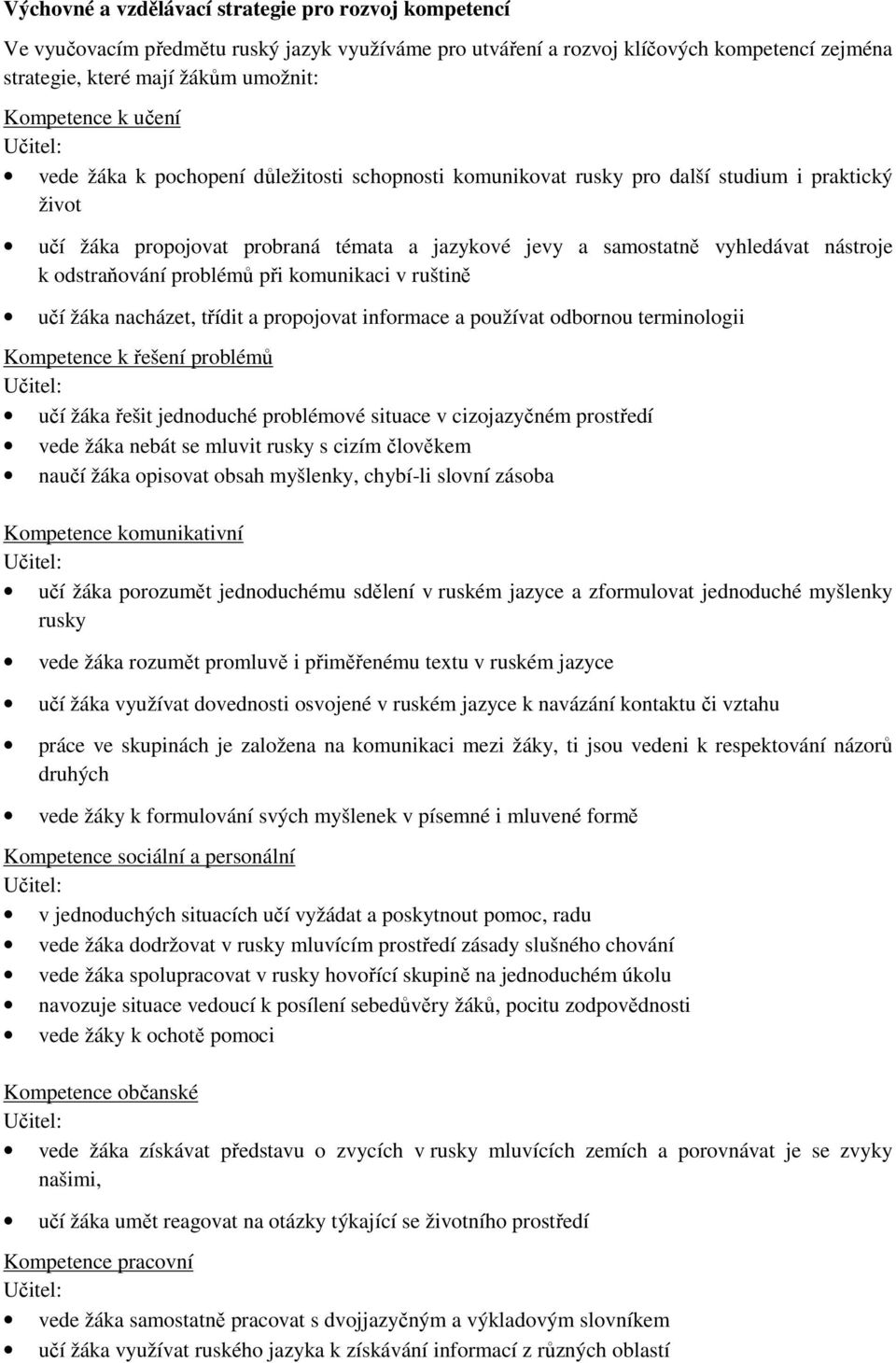 odstraňování problémů při komunikaci v ruštině učí žáka nacházet, třídit a propojovat informace a používat odbornou terminologii Kompetence k řešení problémů Učitel: učí žáka řešit jednoduché