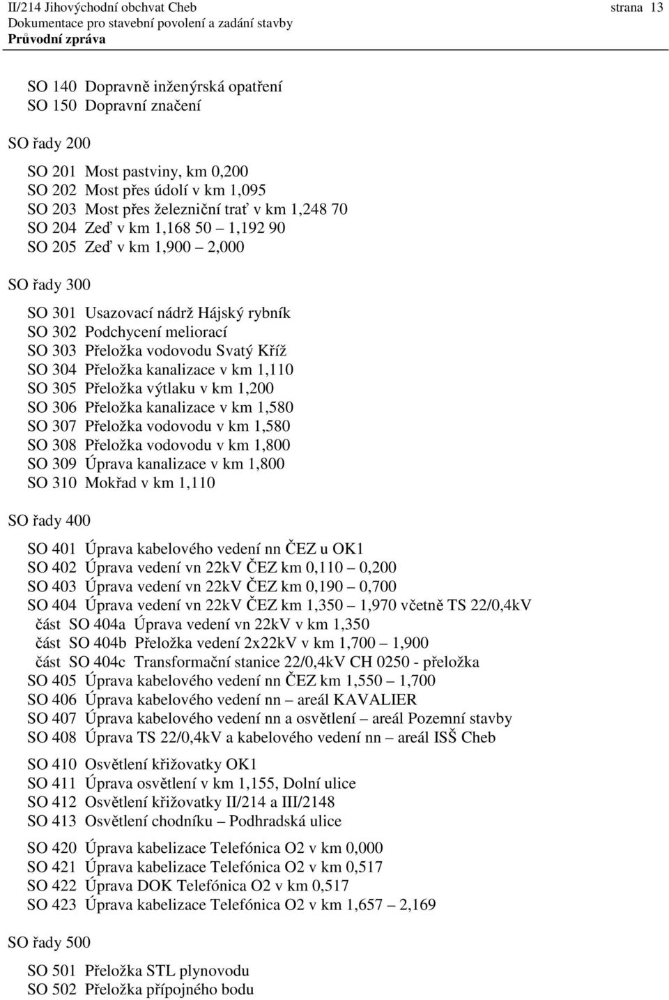 Kříž SO 304 Přeložka kanalizace v km 1,110 SO 305 Přeložka výtlaku v km 1,200 SO 306 Přeložka kanalizace v km 1,580 SO 307 Přeložka vodovodu v km 1,580 SO 308 Přeložka vodovodu v km 1,800 SO 309