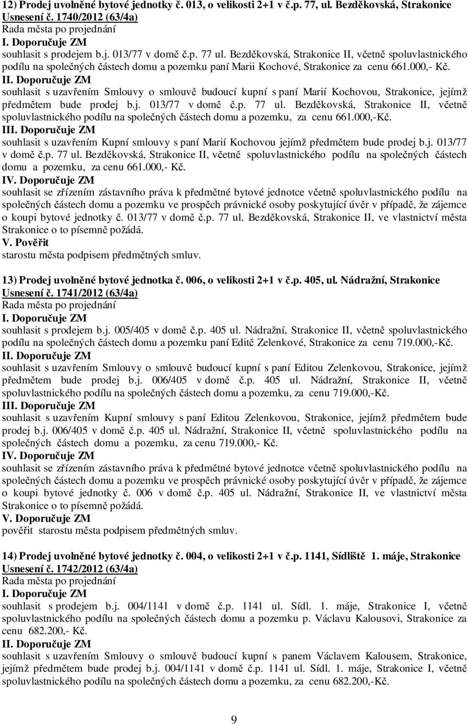 I souhlasit s uzavřením Smlouvy o smlouvě budoucí kupní s paní Marií Kochovou, Strakonice, jejímž předmětem bude prodej b.j. 013/77 v domě č.p. 77 ul.