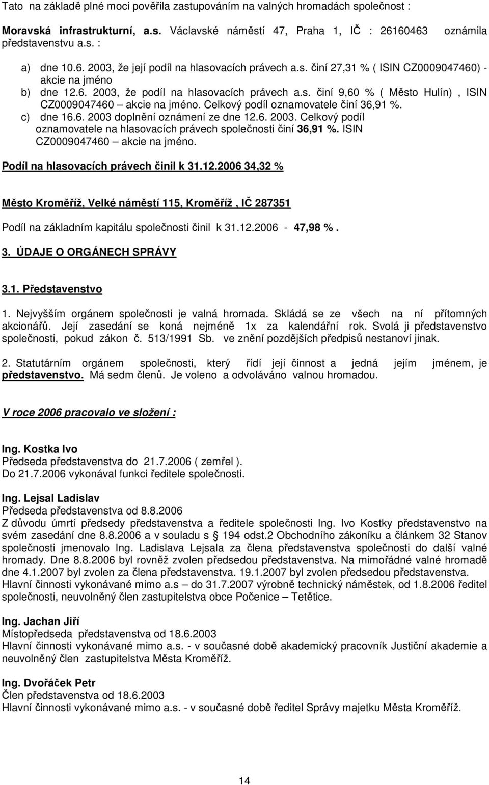 Celkový podíl oznamovatele činí 36,91 %. c) dne 16.6. 2003 doplnění oznámení ze dne 12.6. 2003. Celkový podíl oznamovatele na hlasovacích právech společnosti činí 36,91 %.