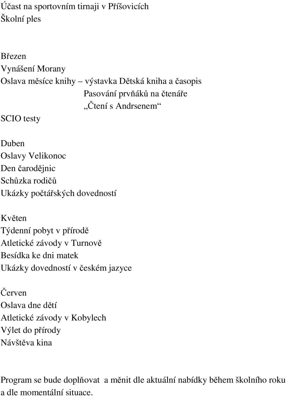 Týdenní pobyt v přírodě Atletické závody v Turnově Besídka ke dni matek Ukázky dovedností v českém jazyce Červen Oslava dne dětí Atletické