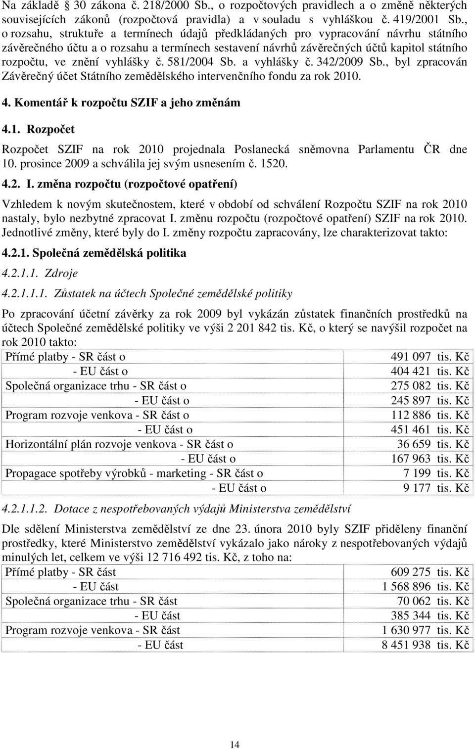 vyhlášky č. 581/2004 Sb. a vyhlášky č. 342/2009 Sb., byl zpracován Závěrečný účet Státního zemědělského intervenčního fondu za rok 2010. 4. Komentář k rozpočtu SZIF a jeho změnám 4.1. Rozpočet Rozpočet SZIF na rok 2010 projednala Poslanecká sněmovna Parlamentu ČR dne 10.