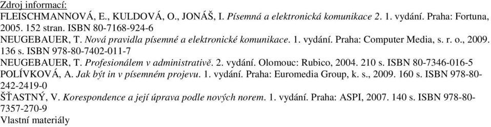 ISBN 978-80-7402-011-7 NEUGEBAUER, T. Profesionálem v administrativě. 2. vydání. Olomouc: Rubico, 2004. 210 s. ISBN 80-7346-016-5 POLÍVKOVÁ, A.