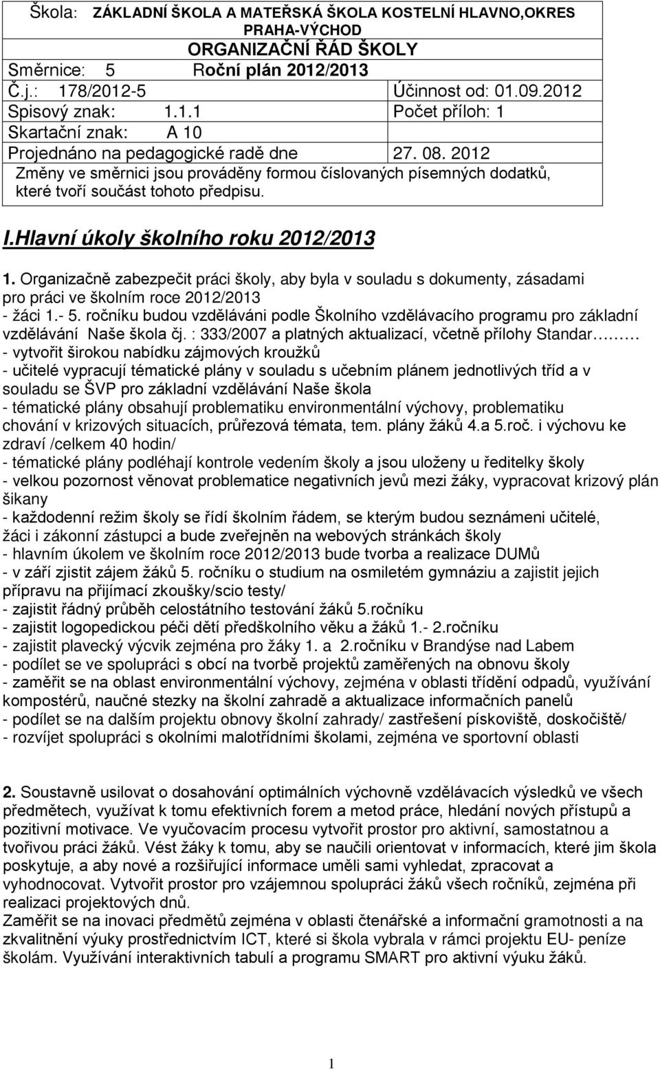 Organizačně zabezpečit práci školy, aby byla v souladu s dokumenty, zásadami pro práci ve školním roce 2012/2013 - žáci 1.- 5.