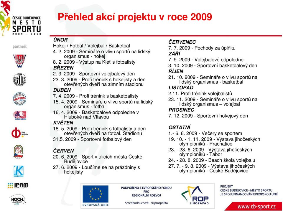 4. 2009 - Basketbalové odpoledne v Hluboké nad Vltavou KVĚTEN 18. 5. 2009 - Profi trénink s fotbalisty a den otevřených dveří na fotbal. Stadionu 31.5. 2009 - Sportovní fotbalový den ČERVEN 20. 6.