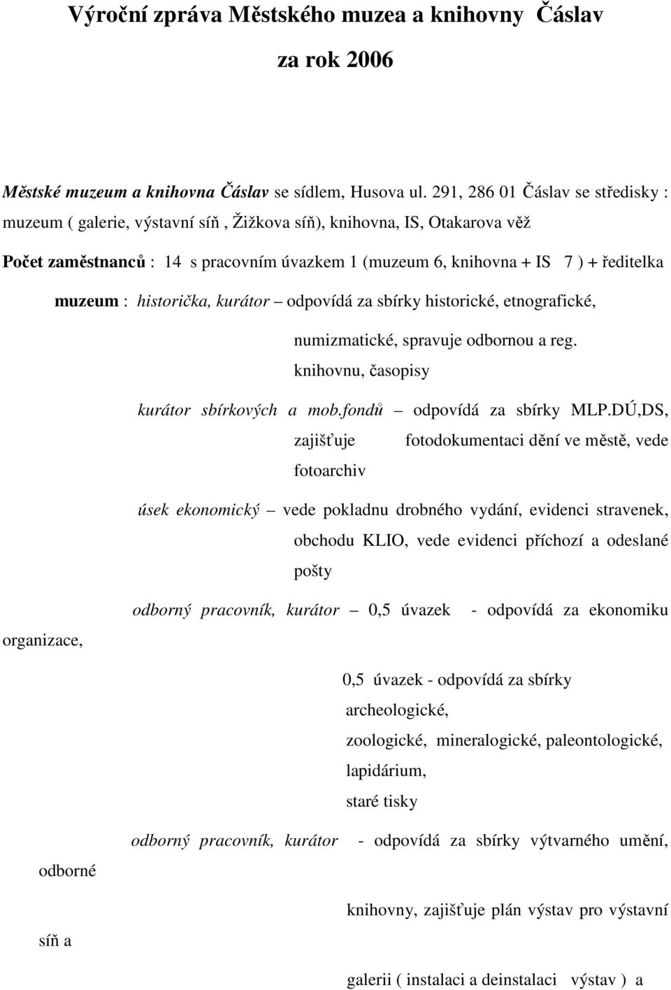 muzeum : historička, kurátor odpovídá za sbírky historické, etnografické, numizmatické, spravuje odbornou a reg. knihovnu, časopisy kurátor sbírkových a mob.fondů odpovídá za sbírky MLP.