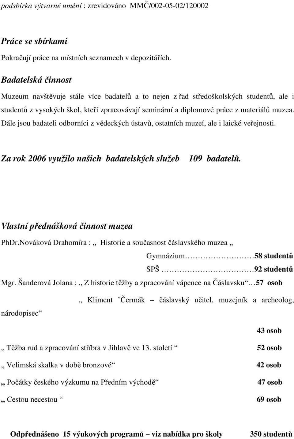 Dále jsou badateli odborníci z vědeckých ústavů, ostatních muzeí, ale i laické veřejnosti. Za rok 2006 využilo našich badatelských služeb 109 badatelů. Vlastní přednášková činnost muzea PhDr.