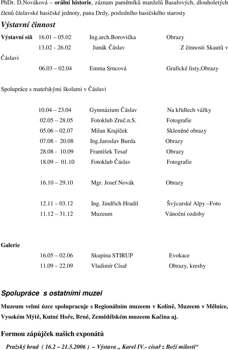 04 Gymnázium Čáslav Na křídlech vážky 02.05 28.05 Fotoklub Zruč.n.S. Fotografie 05.06 02.07 Milan Krajíček Skleněné obrazy 07.08-20.08 Ing.Jaroslav Burda Obrazy 28.08-10.09 František Tesař Obrazy 18.