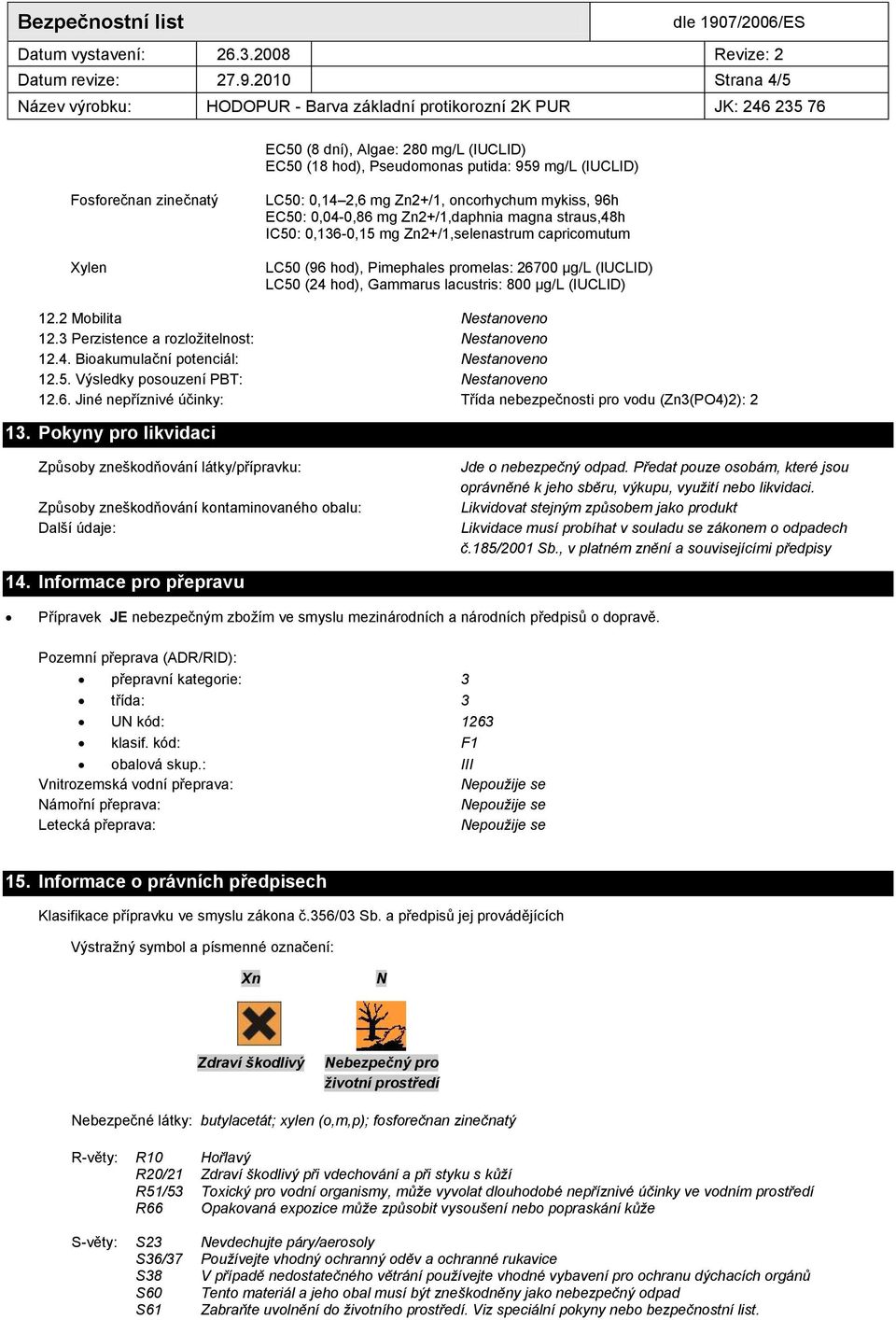 0,04-0,86 mg Zn2+/1,daphnia magna straus,48h IC50: 0,136-0,15 mg Zn2+/1,selenastrum capricomutum LC50 (96 hod), Pimephales promelas: 26700 µg/l (IUCLID) LC50 (24 hod), Gammarus lacustris: 800 µg/l