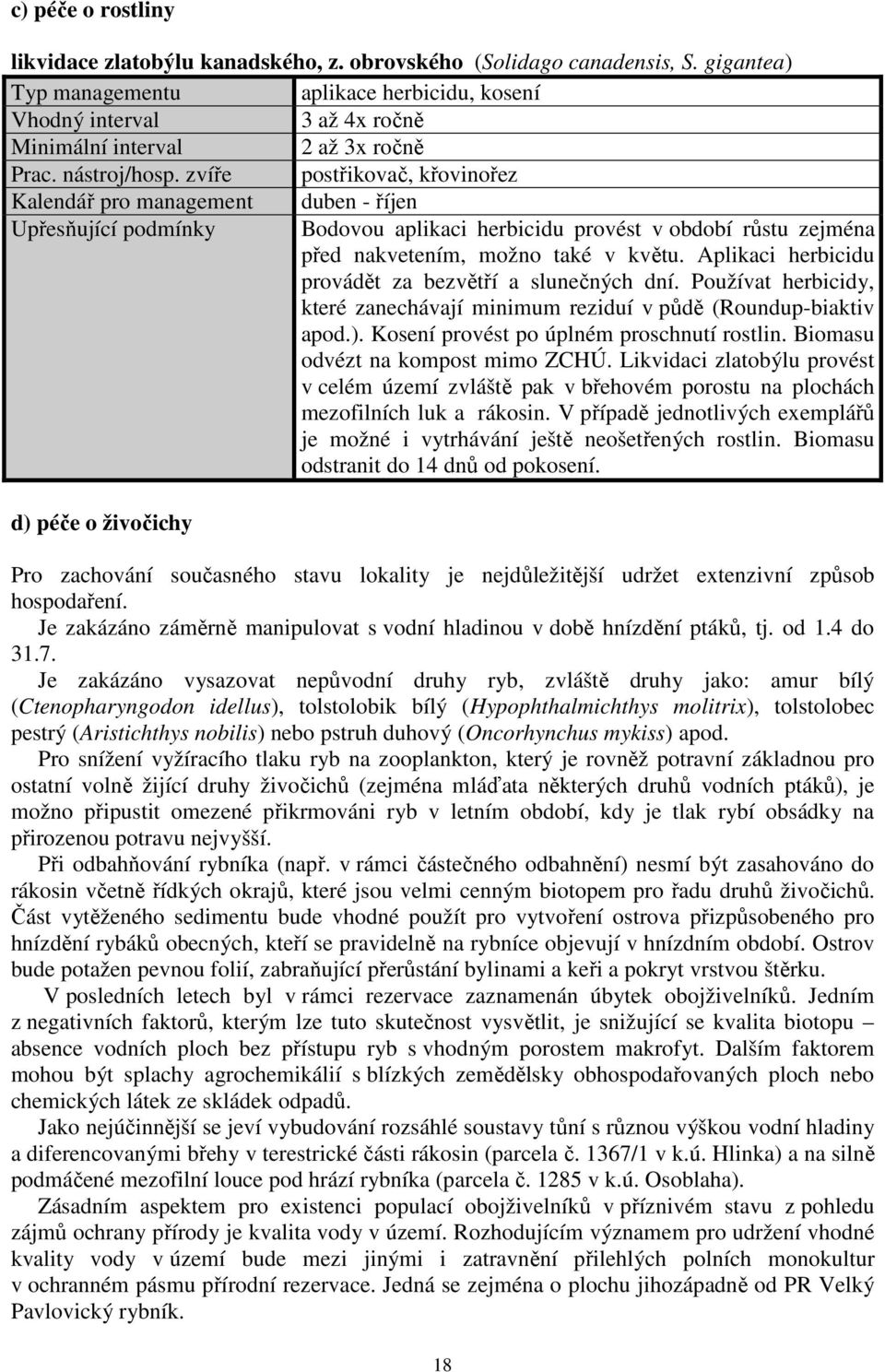 zvíře postřikovač, křovinořez Kalendář pro management duben - říjen Upřesňující podmínky Bodovou aplikaci herbicidu provést v období růstu zejména před nakvetením, možno také v květu.