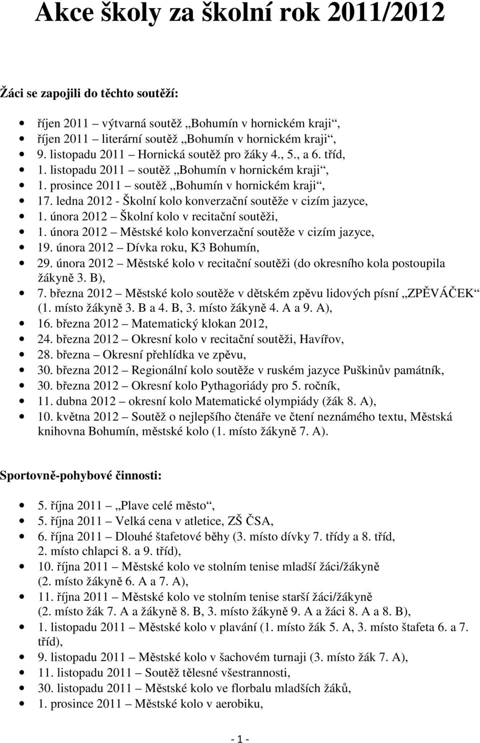 ledna 2012 - Školní kolo konverzační soutěže v cizím jazyce, 1. února 2012 Školní kolo v recitační soutěži, 1. února 2012 Městské kolo konverzační soutěže v cizím jazyce, 19.