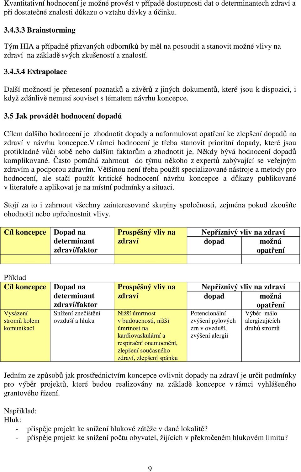 3.5 Jak provádět hodnocení dopadů Cílem dalšího hodnocení je zhodnotit dopady a naformulovat opatření ke zlepšení dopadů na zdraví v návrhu koncepce.