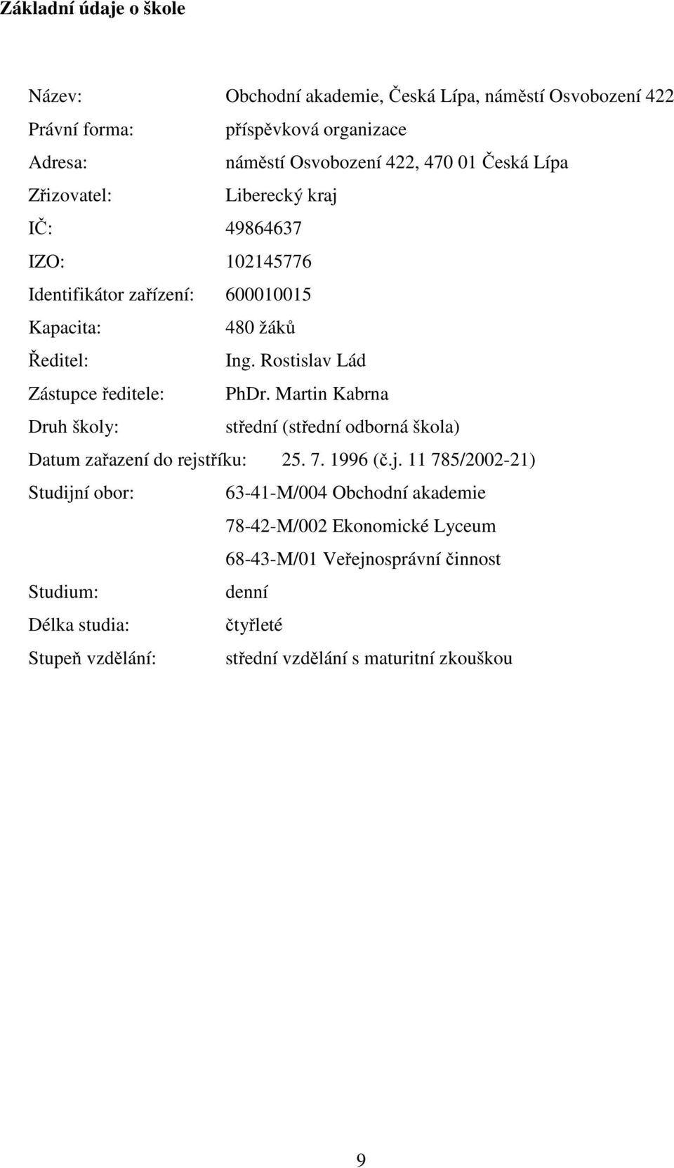 Rostislav Lád Zástupce ředitele: PhDr. Martin Kabrna Druh školy: střední (střední odborná škola) Datum zařazení do rejs