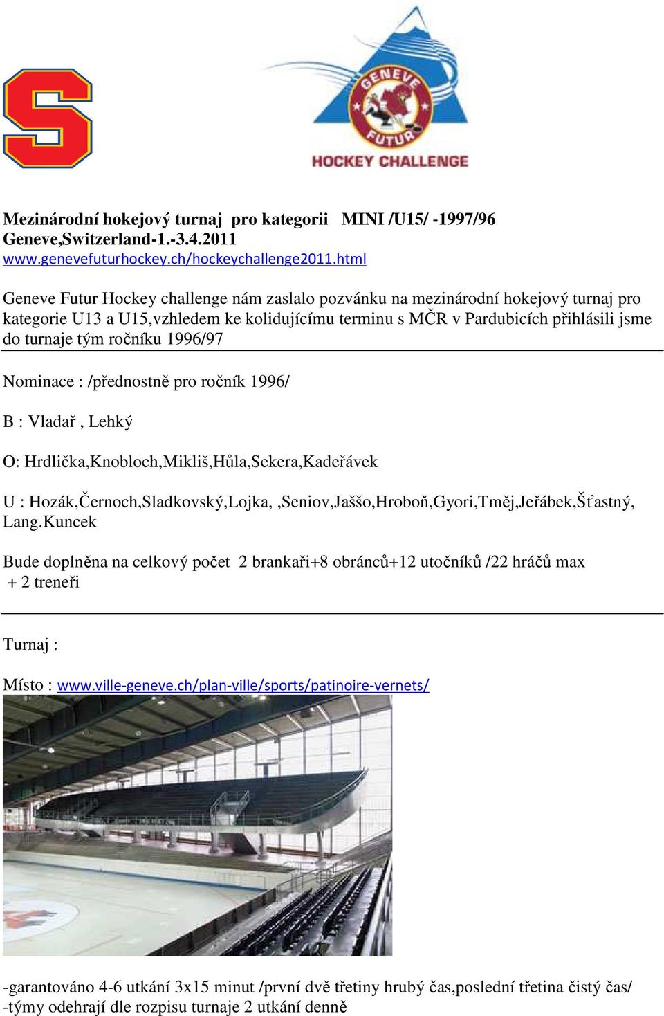 ročníku 1996/97 Nominace : /přednostně pro ročník 1996/ B : Vladař, Lehký O: Hrdlička,Knobloch,Mikliš,Hůla,Sekera,Kadeřávek U :