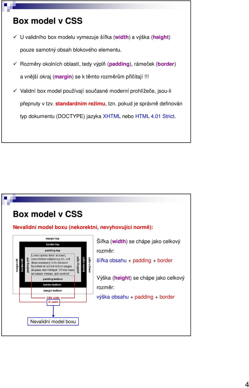 !! Validní box model používají současné moderní prohlížeče, jsou-li přepnuty v tzv. standardním režimu, tzn.