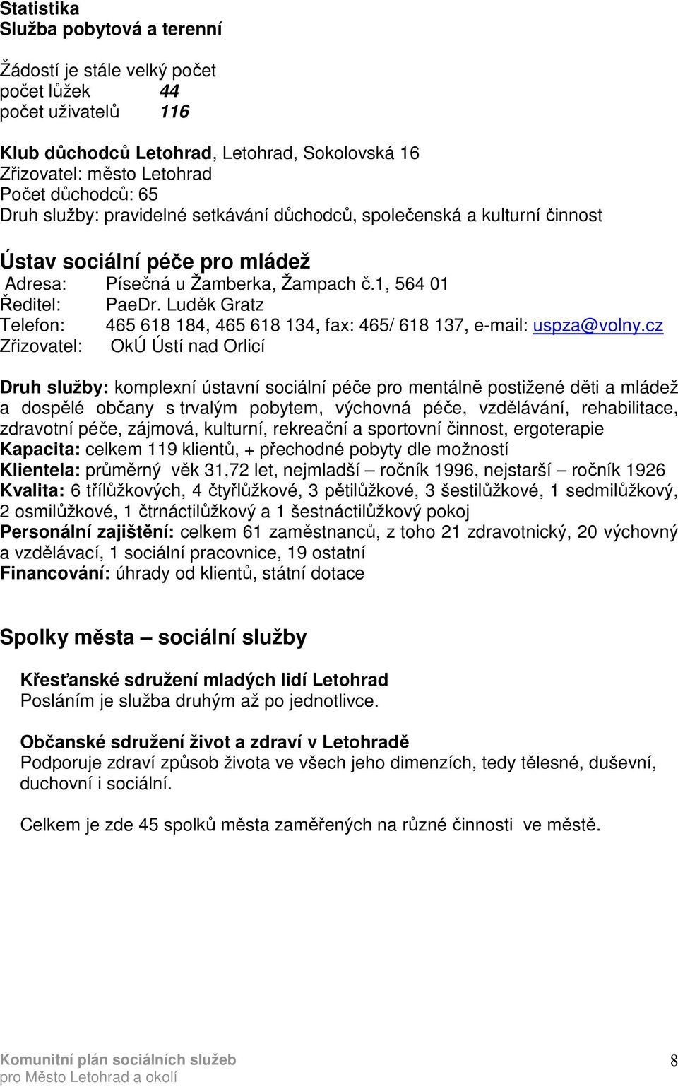 Luděk Gratz Telefon: 465 618 184, 465 618 134, fax: 465/ 618 137, e-mail: uspza@volny.