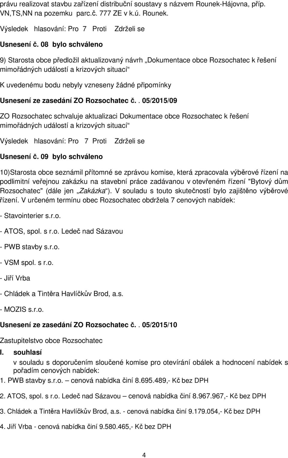 . 05/2015/09 ZO Rozsochatec schvaluje aktualizaci Dokumentace obce Rozsochatec k řešení mimořádných událostí a krizových situací Usnesení č.