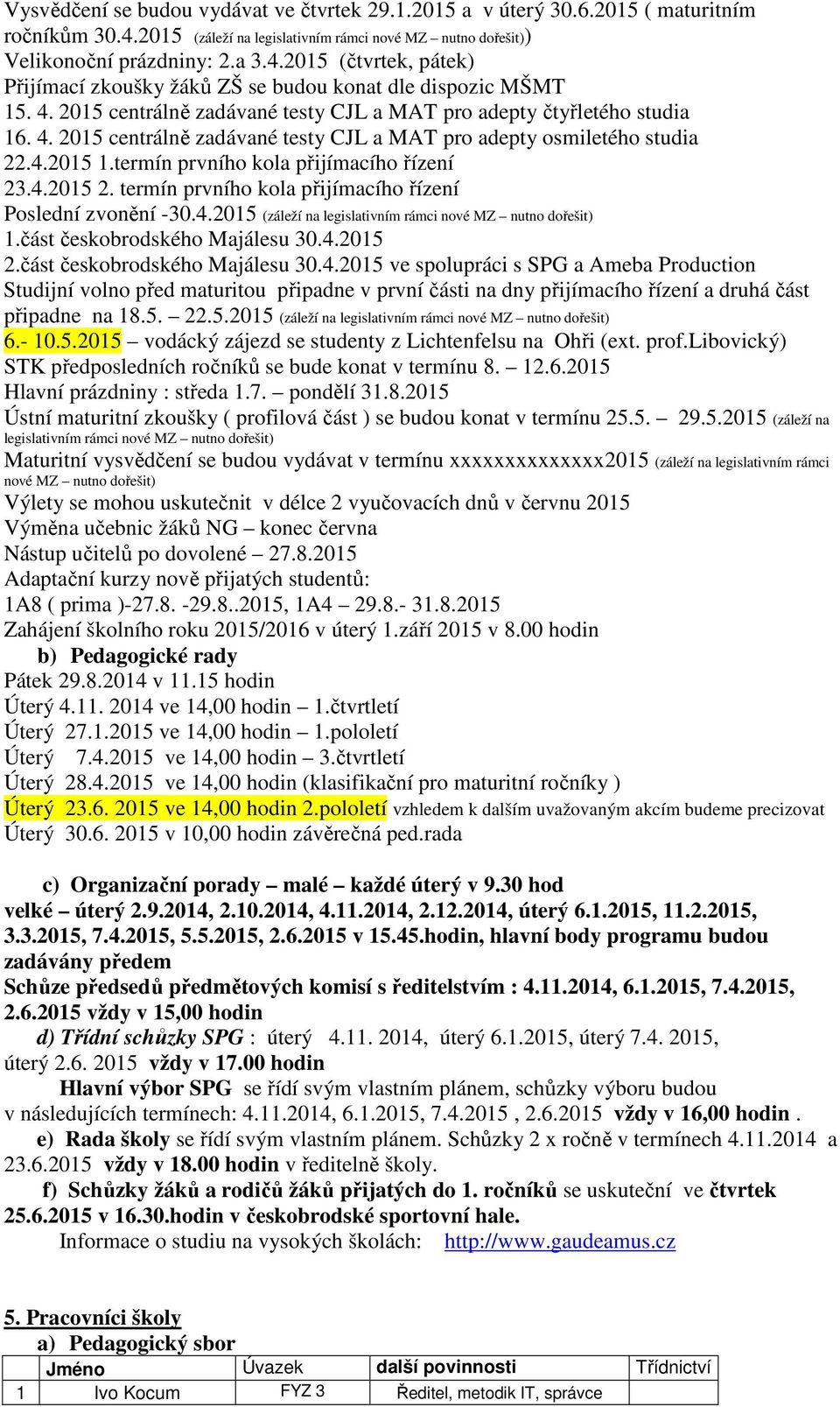 termín prvního kola přijímacího řízení 23.4.2015 2. termín prvního kola přijímacího řízení Poslední zvonění -30.4.2015 (záleží na legislativním rámci nové MZ nutno dořešit) 1.