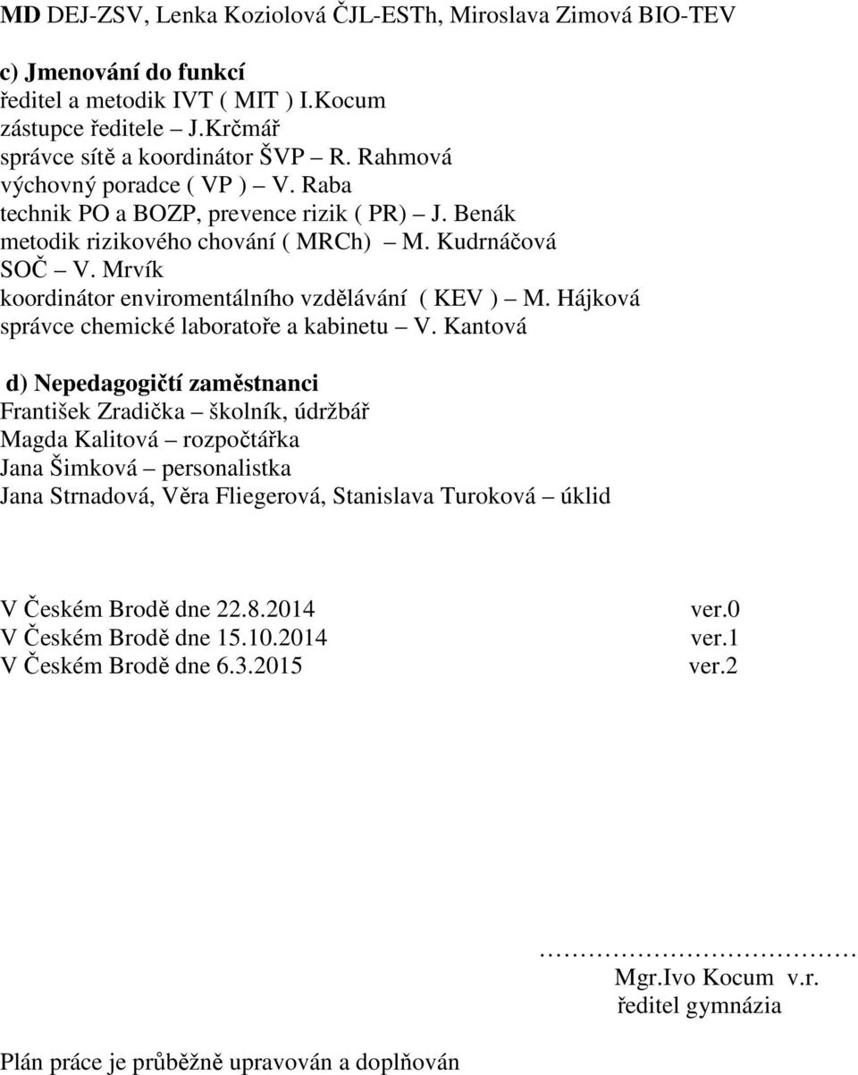 Mrvík koordinátor enviromentálního vzdělávání ( KEV ) M. Hájková správce chemické laboratoře a kabinetu V.