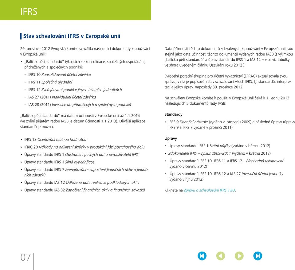 -- IFRS 10 Konsolidovaná účetní závěrka -- IFRS 11 Společná ujednání -- IFRS 12 Zveřejňování podílů v jiných účetních jednotkách -- IAS 27 (2011) Individuální účetní závěrka -- IAS 28 (2011)