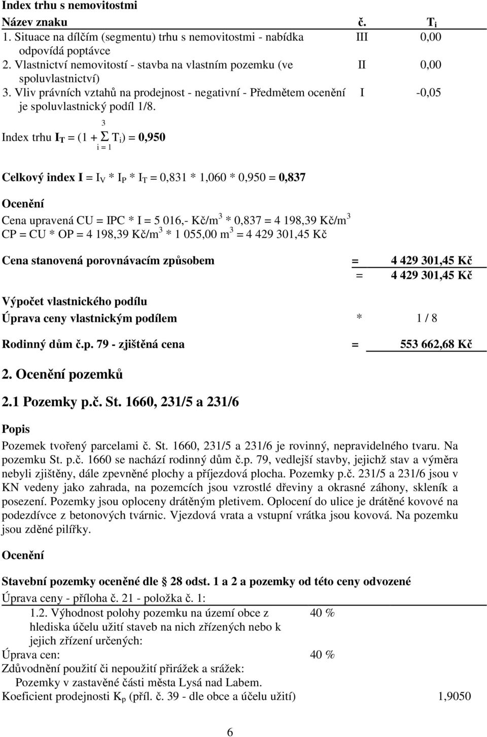 I -0,05 3 Index trhu I T = (1 + Σ T i ) = 0,950 i = 1 Celkový index I = I V * I P * I T = 0,831 * 1,060 * 0,950 = 0,837 Ocenění Cena upravená CU = IPC * I = 5 016,- Kč/m 3 * 0,837 = 4 198,39 Kč/m 3