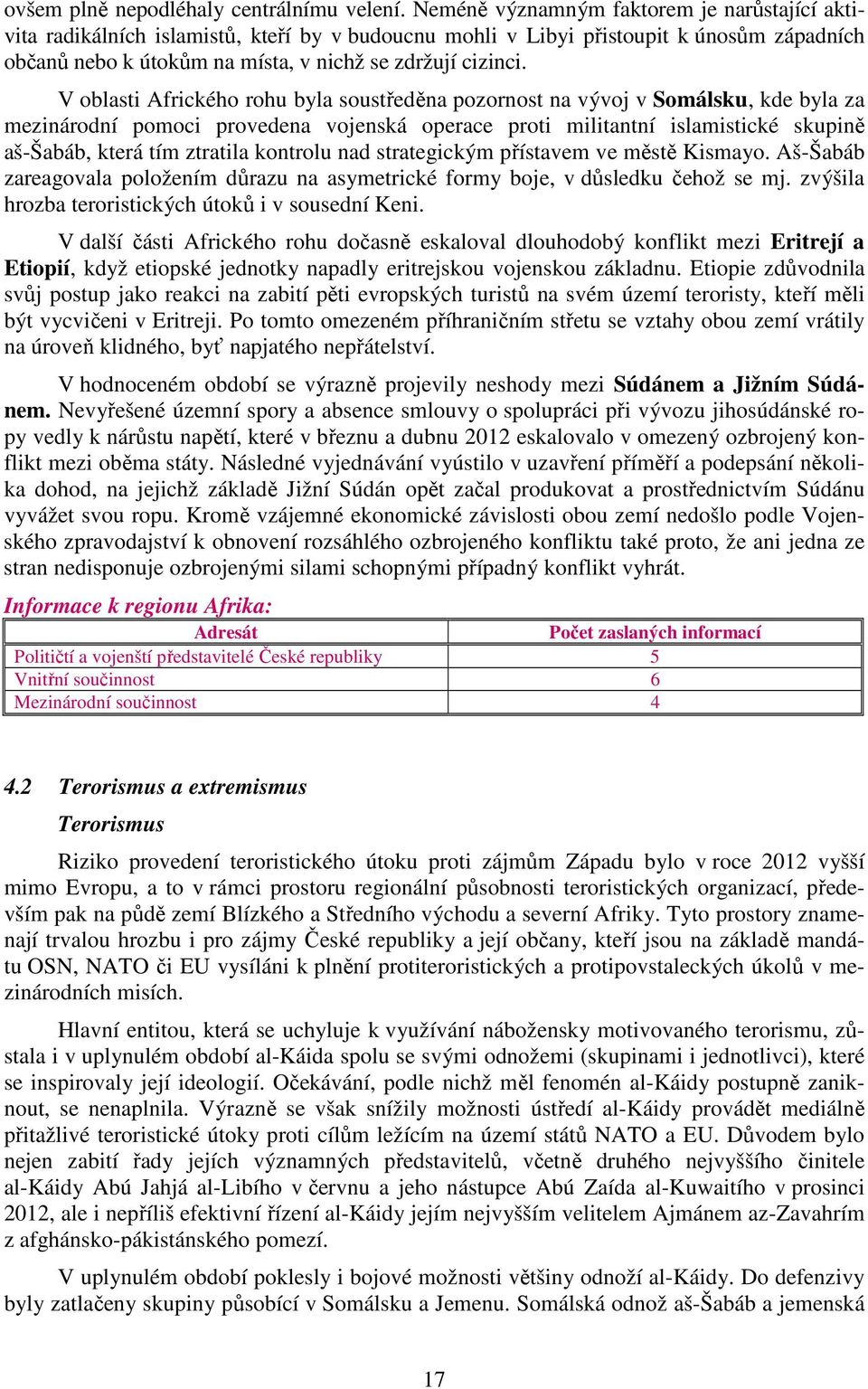 V oblasti Afrického rohu byla soustředěna pozornost na vývoj v Somálsku, kde byla za mezinárodní pomoci provedena vojenská operace proti militantní islamistické skupině aš-šabáb, která tím ztratila