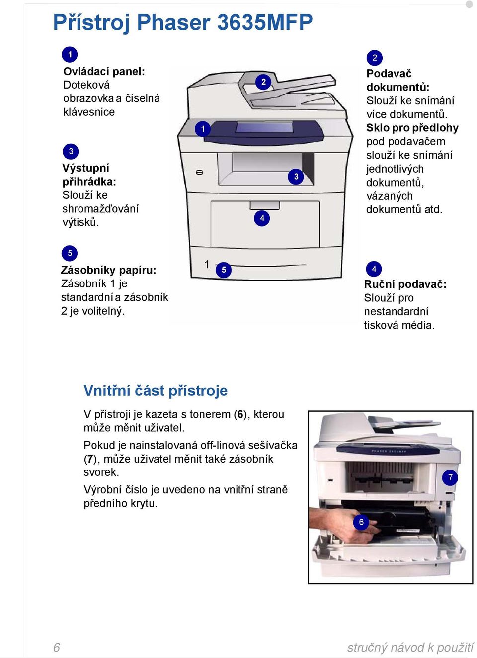 5 Zásobníky papíru: Zásobník 1 je standardní a zásobník 2 je volitelný. 1 5 4 Ruční podavač: Slouží pro nestandardní tisková média.