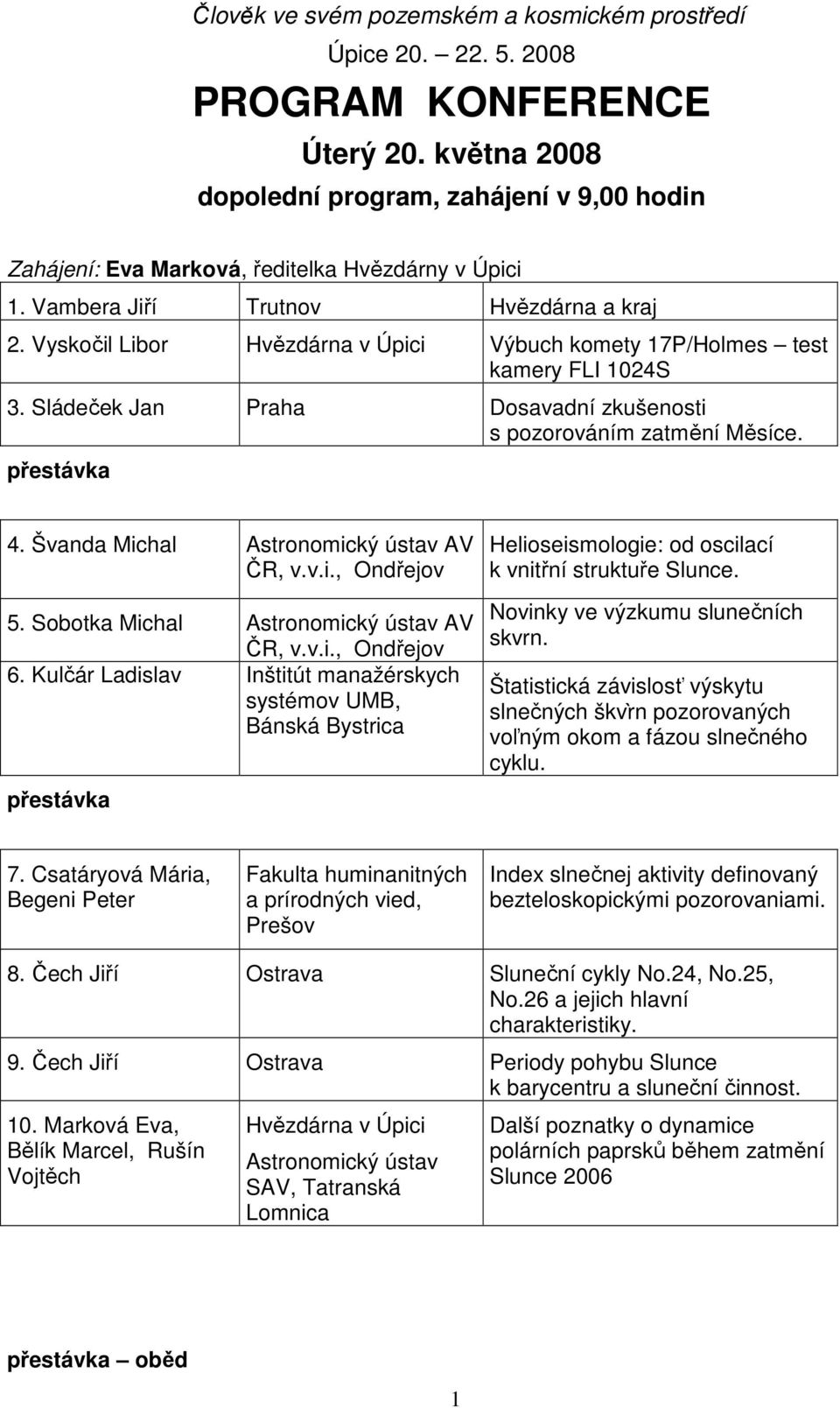 Vyskočil Libor Hvězdárna v Úpici Výbuch komety 17P/Holmes test kamery FLI 1024S 3. Sládeček Jan Praha Dosavadní zkušenosti s pozorováním zatmění Měsíce. 4. Švanda Michal Astronomický ústav AV 5.