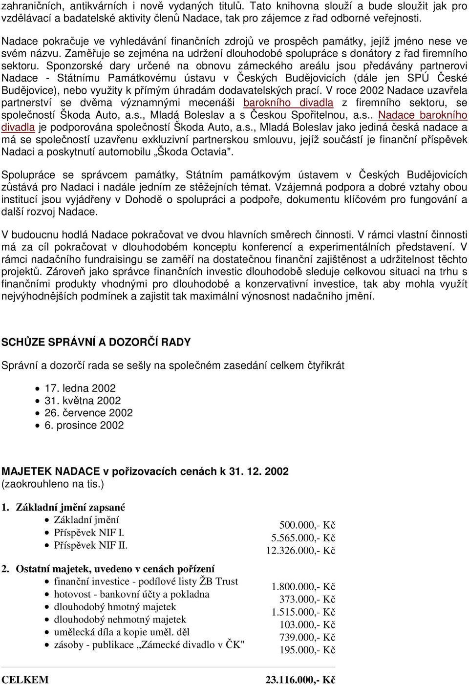 Sponzorské dary určené na obnovu zámeckého areálu jsou předávány partnerovi Nadace - Státnímu Památkovému ústavu v Českých Budějovicích (dále jen SPÚ České Budějovice), nebo využity k přímým úhradám