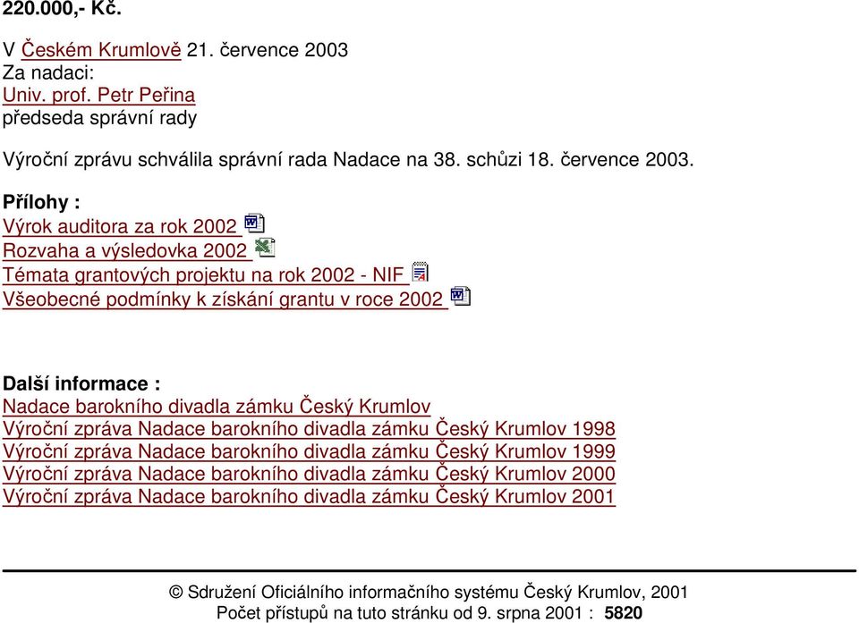 Přílohy : Výrok auditora za rok 2002 Rozvaha a výsledovka 2002 Témata grantových projektu na rok 2002 - NIF Všeobecné podmínky k získání grantu v roce 2002 Další informace : Nadace barokního