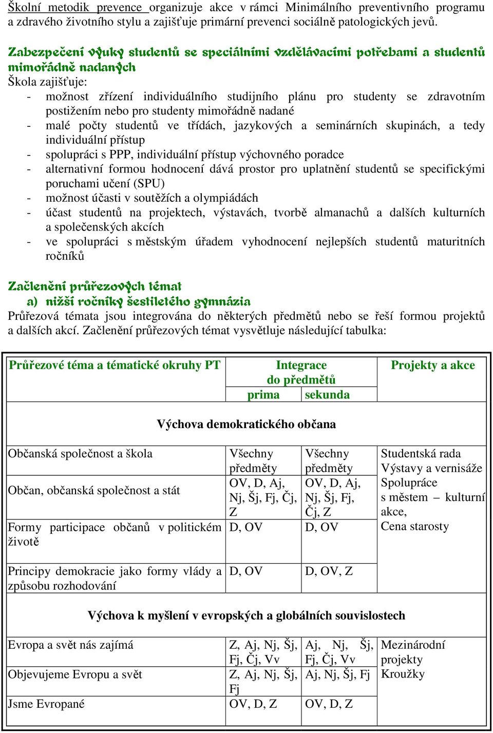 nebo pro studenty mimořádně nadané - malé počty studentů ve třídách, jazykových a seminárních skupinách, a tedy individuální přístup - spolupráci s PPP, individuální přístup výchovného poradce -