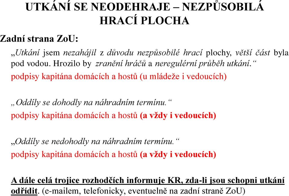 podpisy kapitána domácích a hostů (u mládeže i vedoucích) Oddíly se dohodly na náhradním termínu.