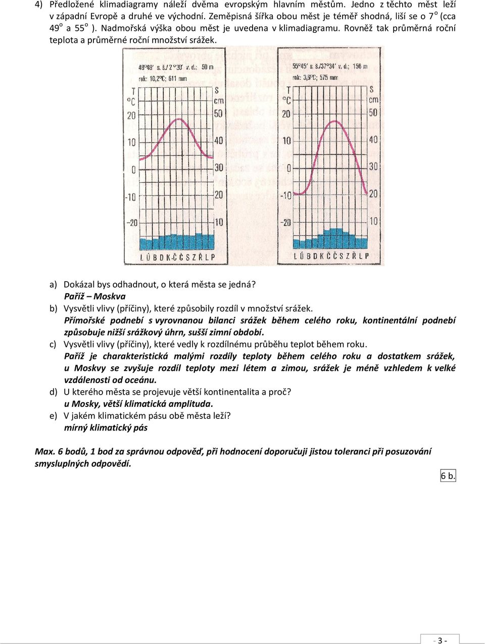 a) Dokázal bys odhadnout, o která města se jedná? Paříž Moskva b) Vysvětli vlivy (příčiny), které způsobily rozdíl v množství srážek.