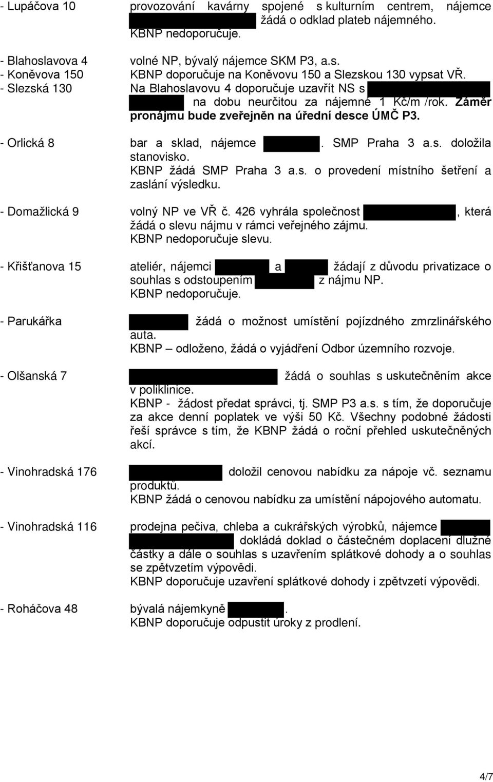 Záměr pronájmu bude zveřejněn na úřední desce ÚMČ P3. bar a sklad, nájemce. SMP Praha 3 a.s. doložila stanovisko. KBNP žádá SMP Praha 3 a.s. o provedení místního šetření a zaslání výsledku.