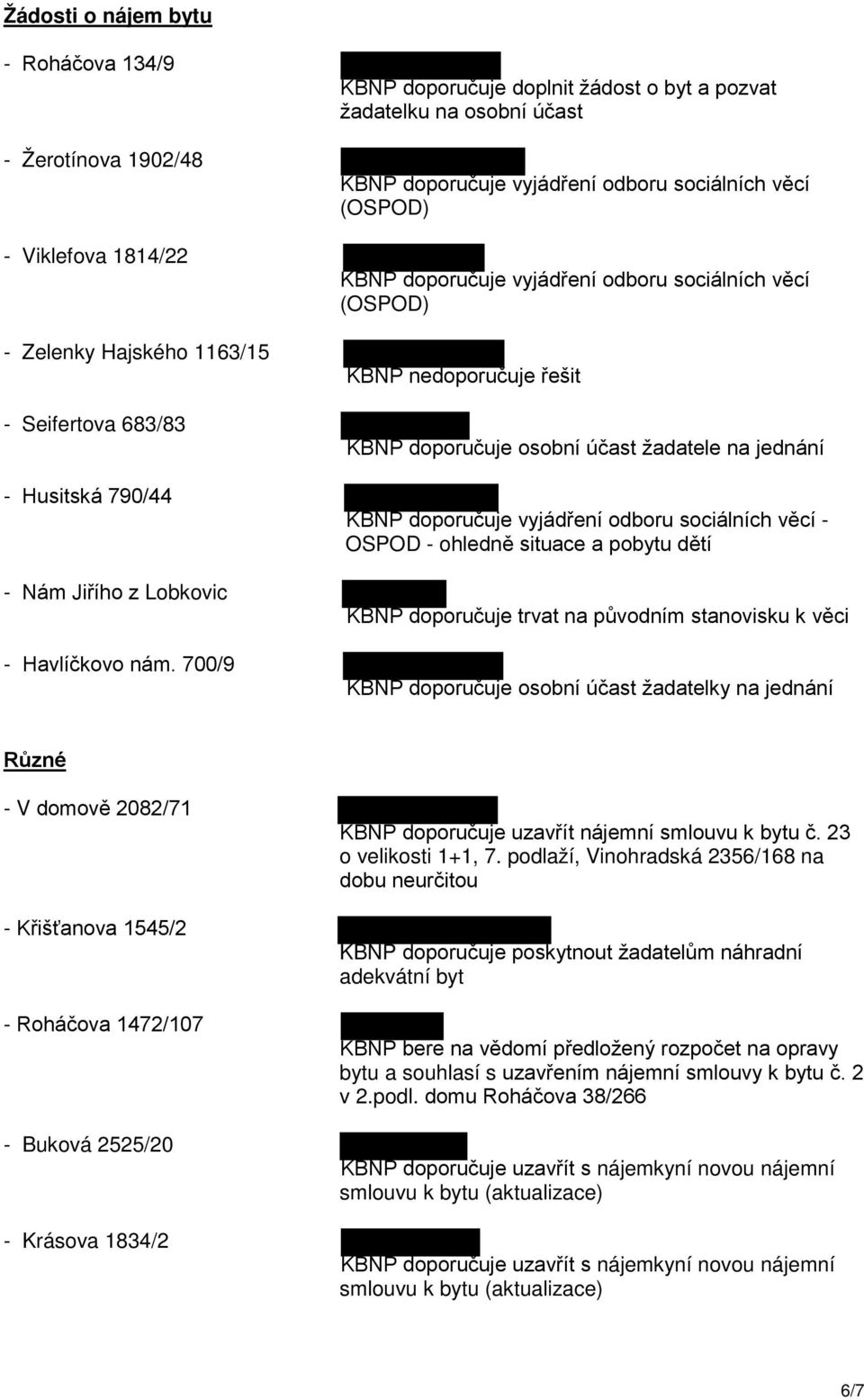 nedoporučuje řešit KBNP doporučuje osobní účast žadatele na jednání KBNP doporučuje vyjádření odboru sociálních věcí - OSPOD - ohledně situace a pobytu dětí KBNP doporučuje trvat na původním