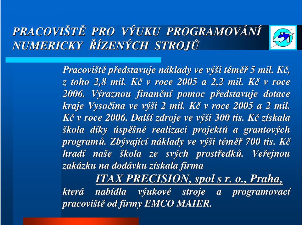 KčK získala škola díky d úspěšné realizaci projektů a grantových programů.. Zbývající náklady ve výši i téměřt 700 tis.